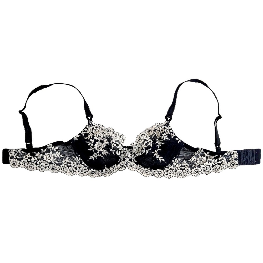 32B - Wacoal Bra Black Ivory Floral Embroidered Lace Underwire Unlined  #65191